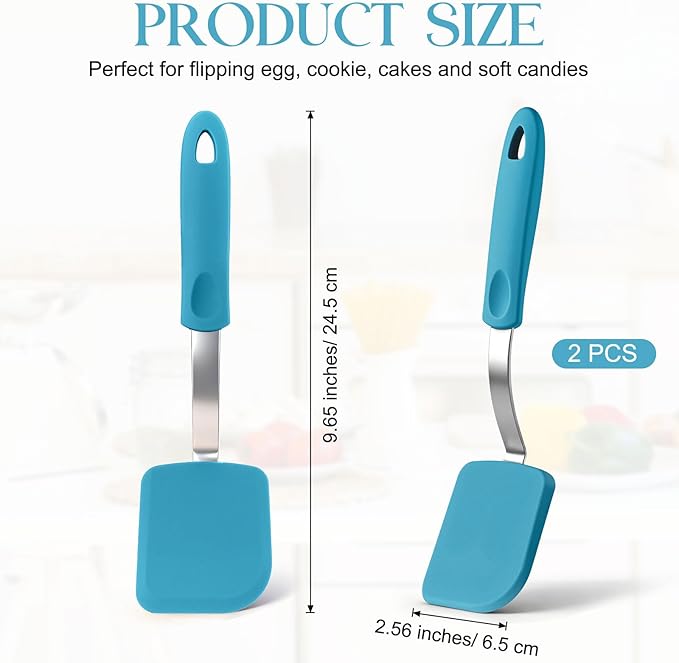 Silicone Cookie Spatula Turner 2 Pack Mini Brownie Spatula Flexible Kitchen Small Silicone Turner for Nonstick Cookware Heat Resistant No Scratch Flipper for Egg Pancake(Light Blue)