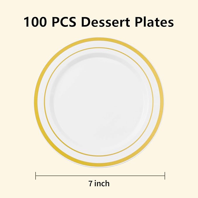 BESTSTAR 7 Inch White with Gold Rim Plastic Plates,100PCS Disposable Dessert/Appetizer/Small Cake Plates,Heavy Duty Plate Ideal for Wedding and Birthday