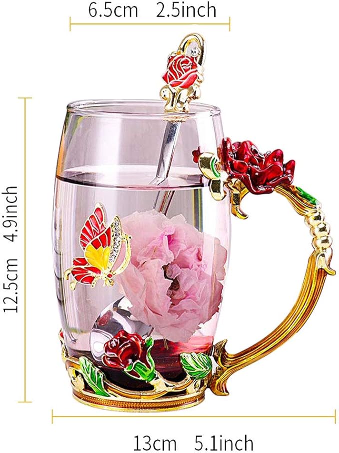 Birthday Gifts For Women,Enamel Butterfly Flower Glass Tea Cup Rose Red Coffee Mug,Cute Gifts For Mom Grandma Women Wife Female Friend on Mothers day Anniversary Christmas Valentines