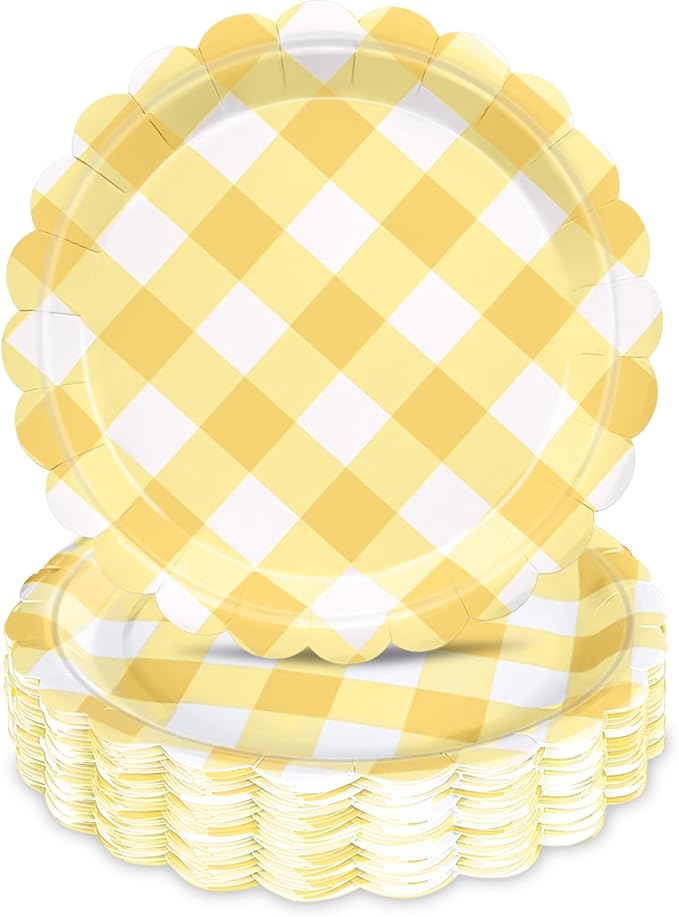 48 Pcs 7" Yellow Gingham Paper Plates Light Yellow & White Scalloped Checkered Party Plates, Pastel Plaid Dessert Table Supplies for BBQ Gathering Picnic Baby Shower Birthday Dinner Party Tableware