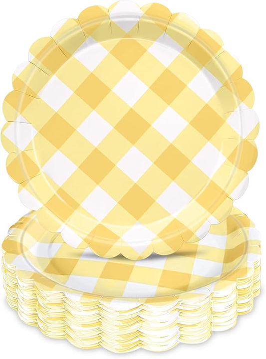 48 Pcs 7" Yellow Gingham Paper Plates Light Yellow & White Scalloped Checkered Party Plates, Pastel Plaid Dessert Table Supplies for BBQ Gathering Picnic Baby Shower Birthday Dinner Party Tableware