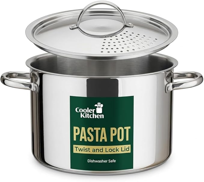 Stainless Steel Pasta Pot with Strainer Lid - 5.5 Qt Large Capacity Spaghetti Pot with Twist Lock Lid - Deep Cooking and Stock Pots for Boiling, Dishwasher Safe By Cooler Concepts