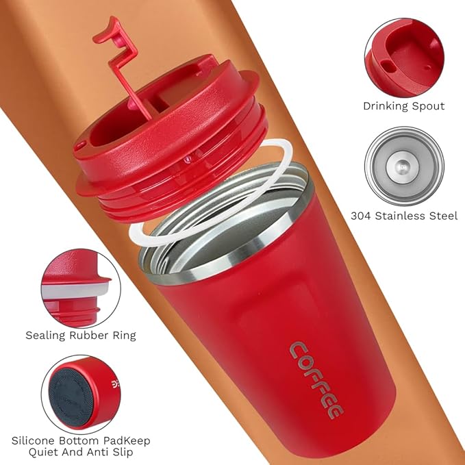 Travel coffee mugs leak-proof, reusable coffee cup with lid, stainless steel vacuum insulated coffee tumblers, thermal insulation cups for men & women keep drinks hot & cold (2nd-Red, 17OZ)