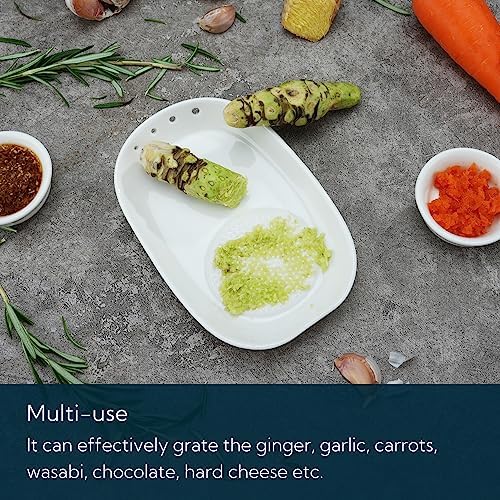 KITCHENDAO 3 in 1 Porcelain Ginger Grater Tool Spoon Rest Herb Stripper, 6.5 x 4.3 inches for Kitchen, Japanese Ceramic Garlic Grinding Wasabi Grater Plate Dish for Daikon Radish & Parmesan Cheese