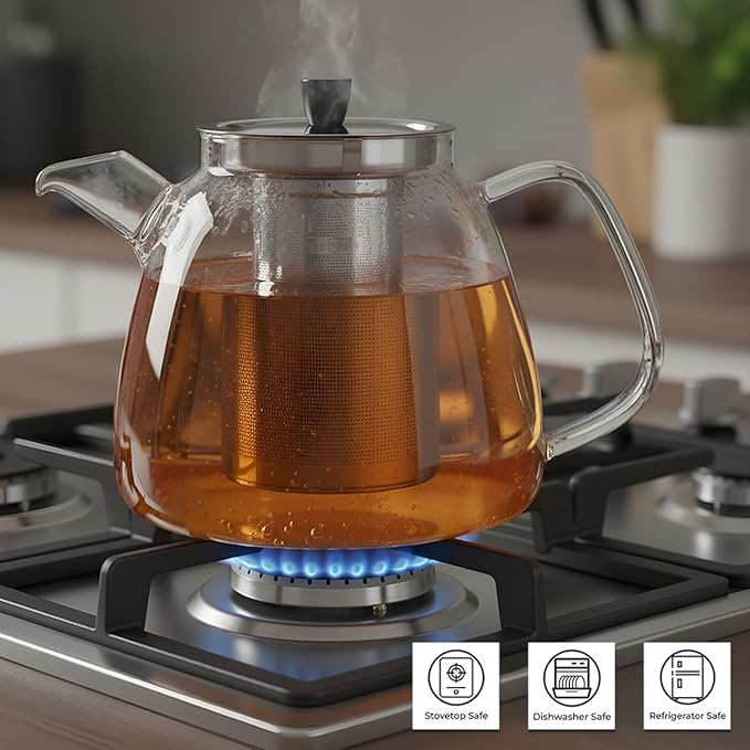 Aquach 42oz Glass Teapot with Removable Infuser - Stovetop & Dishwasher Safe Tea Kettle, Borosilicate Glass Pot for Hot & Iced Tea, Perfect for 2-4 People