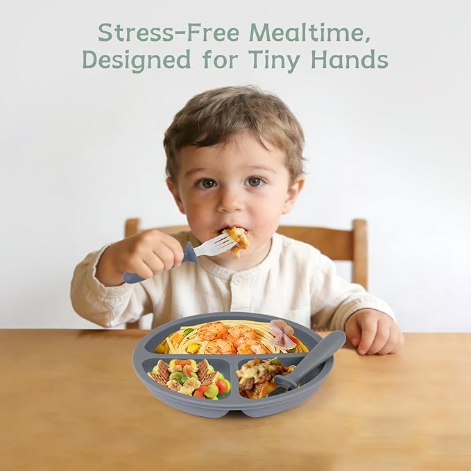 Toddler Plates, 3 Pack Divided Baby Plates with Suction, Food Grade Silicone Baby Led Weaning Supplies, BPA Free, Non-Slip, Microwave and Dishwasher Safe