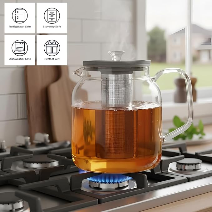 Aquach Glass Teapot with Infusers for Loose Tea, 68 Oz Glass Tea Kettle Dishwasher and Stovetop Safe, Plastic-Free Borosilicate Glass Tea Pot and Stainless Steel Tea Infuser