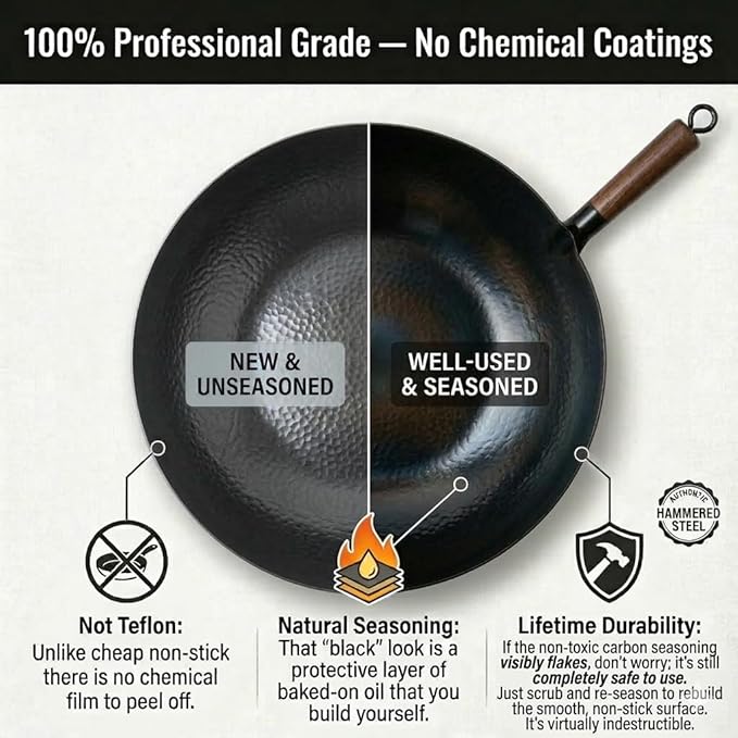 Carbon Steel Wok Pan, 5 Piece Authentic Chinese Wok & Stir-Fry Pans Set with Wooden Lid, No Chemical Coated Flat Bottom Chinese Woks Pan for All Stoves-13“