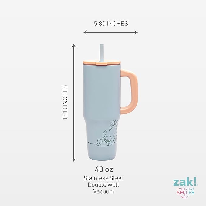 Zak Designs Disney Sutton Travel Tumbler for On the Go or At Home, 40oz Stainless Steel with Vacuum Insulation, Silicone Straw, Carry Handle, and 3D Artwork for Cold Drinks (Stitch)