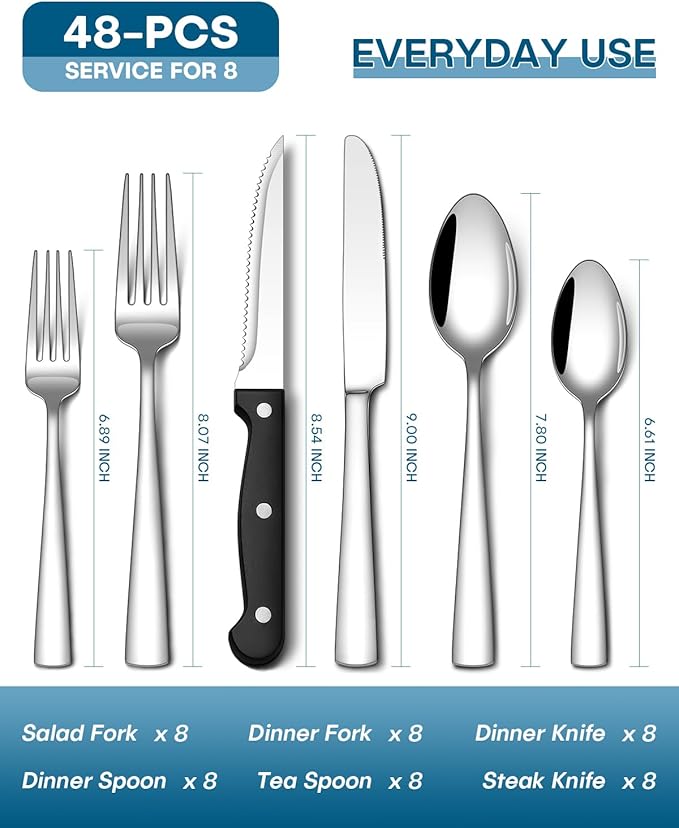 Stapava 48-Piece Silverware Set with Steak Knives, Food-Grade Stainless Steel Flatware Set for 8 Mirror Polished Cutlery Utensil Sets Include Forks Spoons and Knives Set Dishwasher Safe