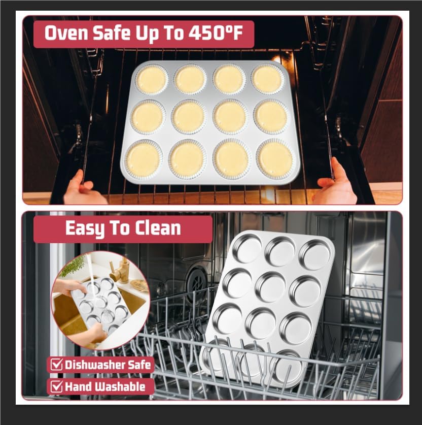 E-far 2 Pack Muffin Top Pan, 12-Cavity Stainless Steel Shallow Cupcake Pan