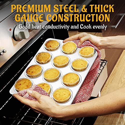 E-far 12-Cup Muffin Pan Set of 6, Stainless Steel Cupcake Pan for Oven