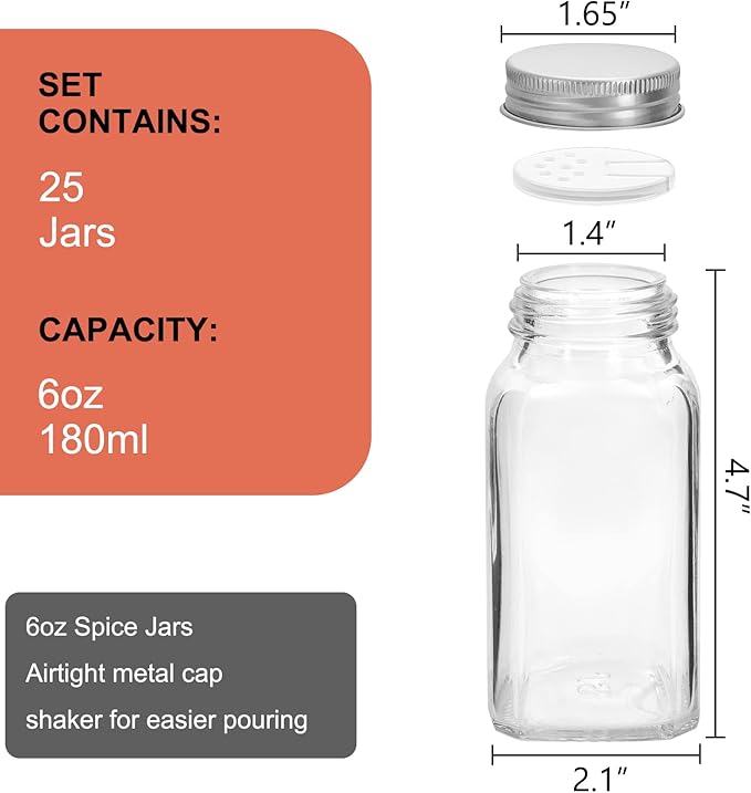 Keketin 6 oz Glass Spice Jars Bottles,25 Pack Empty Spice Jars with Shaker Lids and Labels,180ml Square Spice Containers with Airtight Silver Caps(Chalk Marker,Funnel and Brush include)
