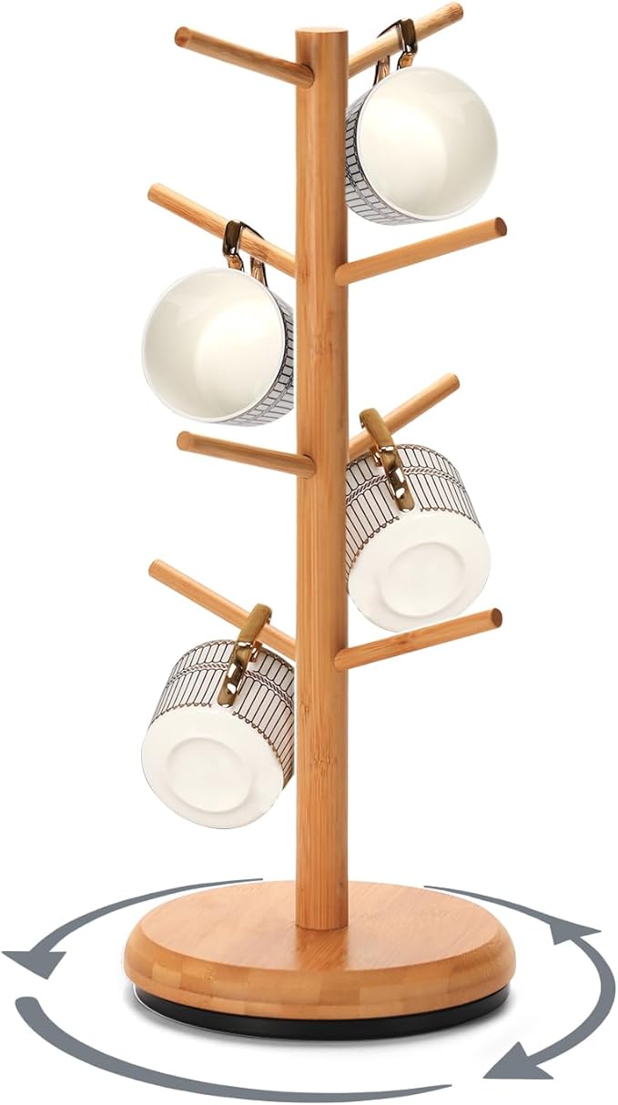 BAMBANG Mug Holder Tree, 360° Rotating 8 Hooks Coffee Cup Holder for Counter Top, Bamboo Coffee Mug Rack Stand for Kitchen Countertop Home, Natural