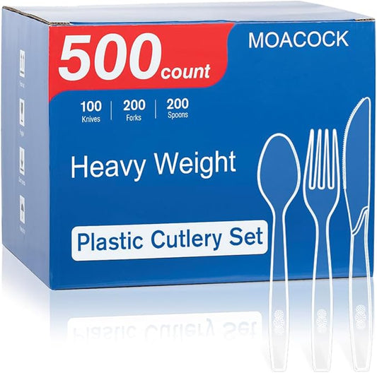 500 Count Extra Heavy Duty Plastic Silverware, 200 Forks, 200 Spoons, 100 Knives, Disposable Plastic Cutlery Set for Parties, Picnics, Big Event, Daily Use