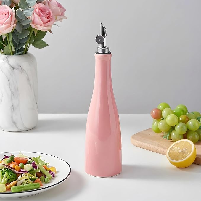 YOLIFE Olive Oil Dispenser Bottle, 16oz Ceramic Oil Dispenser for Kitchen, Oil Bottle with Gravity Spout, Leak Proof EVOO Dispensing Bottle with 2 Spouts and 1 Funnel for Vinegar, Juice(Pink)