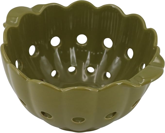 6" Scallop Ceramic Berry Basket with Handles,Round Colorful Stoneware Colander, Small Fruit Container for Strawberry & Kitchen Counter,Moss Green