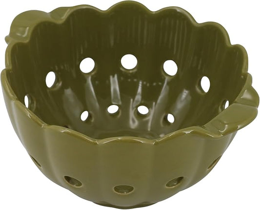 6" Scallop Ceramic Berry Basket with Handles,Round Colorful Stoneware Colander, Small Fruit Container for Strawberry & Kitchen Counter,Moss Green