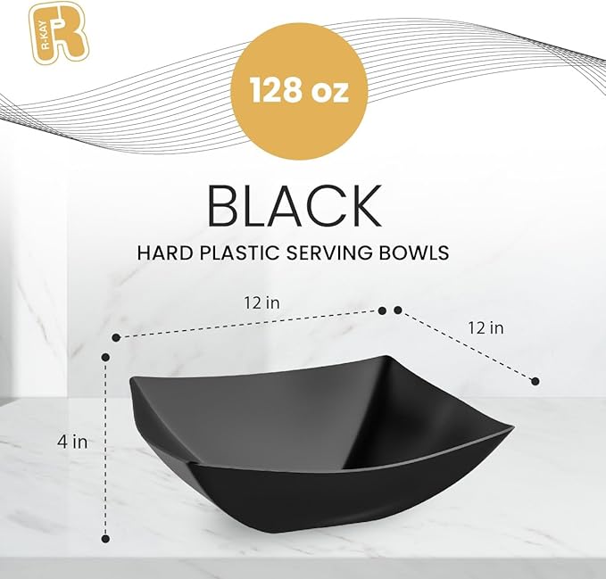 R-kay 6 Pack Square Extra Large Plastic Black Serving Bowls -128 Oz Black Plastic bowls - Salad Bowls Large Serving, Premium Heavy Duty For Weddings Catering And Birthday parties