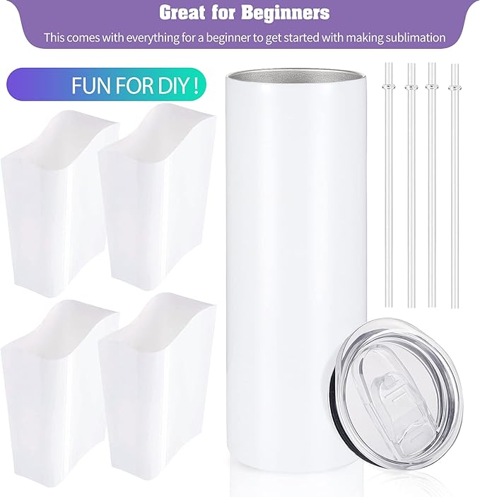 YOUKE OLA 12 Pack Straight Skinny Sublimation Tumblers 20oz for Heat Transfer, Bulk Sublimation Blanks Individually Boxed, Double Wall Insulated Tumbler with Shrink Films & Heat Tape, White (12)