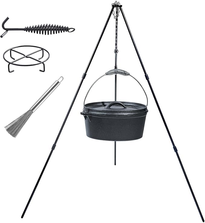 4.5Qt camping dutch oven with lid，cast iron dutch oven，Lifter Handle，Camping Tripod，Cast Iron Camping Cookware, Camping Oven - Campfire Cooking Equipment，With Free Scrubber Brush Stainless Steel Material