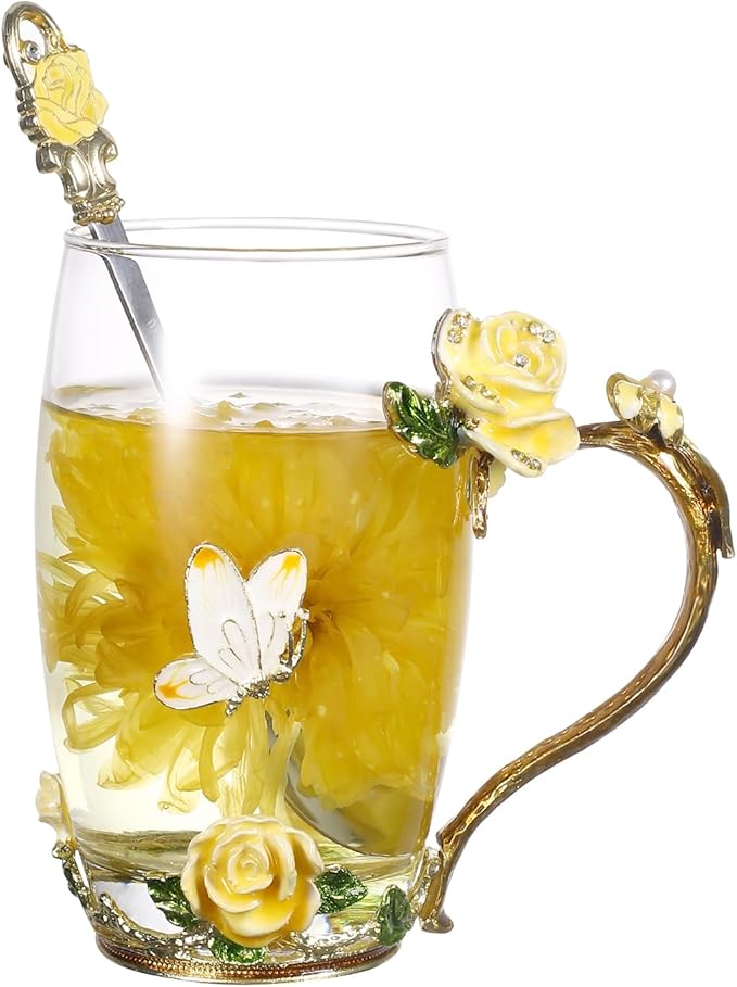 SUQ I OME Enamel Rose and Butterfly Flower Glass Tea Cup, Valentine Gifts For Women,Wife, Friend for Valentines Wedding, Women's day, Engagement,Yellow Rose,12 oz