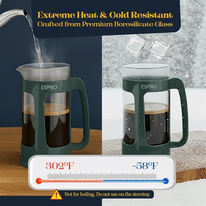 ESPRO P3 French Press Coffee Maker – Patented Double Micro-Filter for Grit-Free Brew, Heat Resistant Thicker Borosilicate Glass Coffee Press – Green (32 oz)