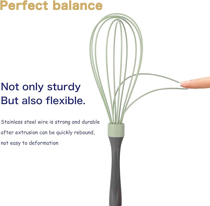 Green Silicone Whisk, Professional Plastic Whisks for Cooking Non-Scratch, Stainless Steel & Heat Resistant Rubber Wisk, Dishwasher Safe, 12-Inch