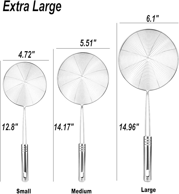 Enhanced Version Stainless Steel Spider Strainer Skimmer Ladle, Set of 3 Sizes Kitchen Strainer Spoon for Cooking and Frying, Pasta Strainer, Food Preparation-32.5cm, 36cm, 38cm