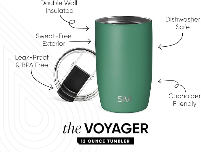 Simple Modern Voyager Tumbler with Flip Lid | Travel Coffee Mug | Insulated Stainless Steel Cold Brew Iced or Hot Coffee Cup | Gifts for Women Men Her Him | 12oz, Basil