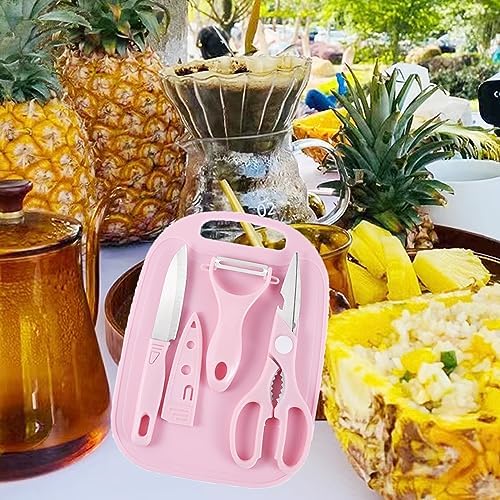 4‑Piece Mini Travel Cutting Board Set with Knife, Scissors & Peeler (Pink)