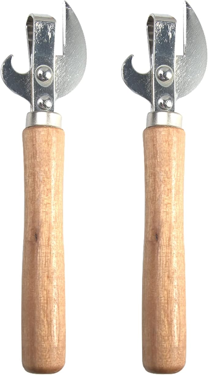 2PCS Manual Can Opener, Stainless Steel Bottle Opener Manual with Wooden Handle, Easy Open Multifunctional Side Cut Traditional Stab Can & Tin Opener for Kitchen Camping Traveling