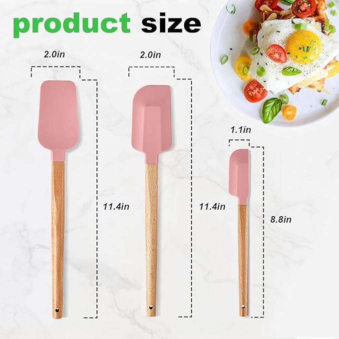 3-Piece Heat Resistant Silicone Spatula Set for Baking - Wooden Handle Spatula Baking Spatula, Non-Stick for Cooking, Mixing, Frosting & Jams (pink)