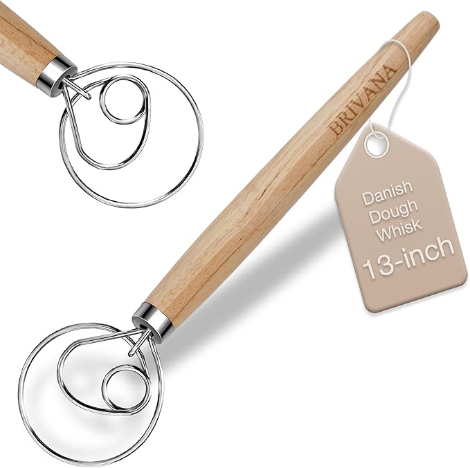 13-Inch Danish Dough Whisk – Wooden Handle with Stainless Steel Single Loop – Bread Whisk for Sourdough, Pizza Dough, Cake Batter and Artisan Bread Baking