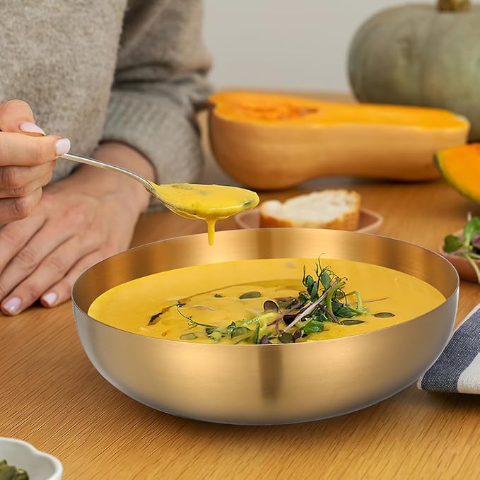 9.4" Stainless Steel Mixing Bowls - 75oz Gold Serving Bowl, Large Metal Decorative Bowl for Salad, Soup, Pasta, Snack, Cooking, Baking, Dishwasher Safe