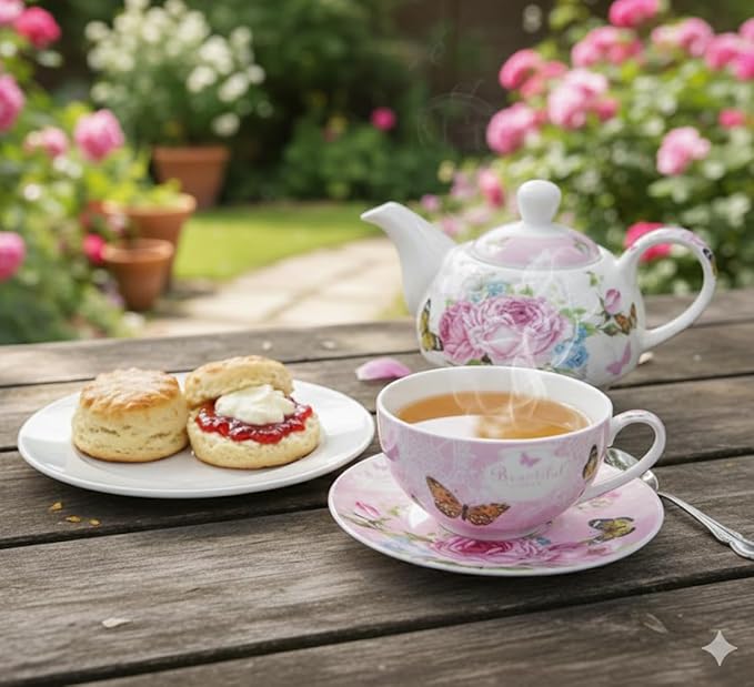 ONEUSTAR Tea for One Set Ceramic Floral Teapot and Cup Saucer Set for Women Afternoon Tea Mother's Day Gift in Reusable Gift Box, Pink Rose Flower
