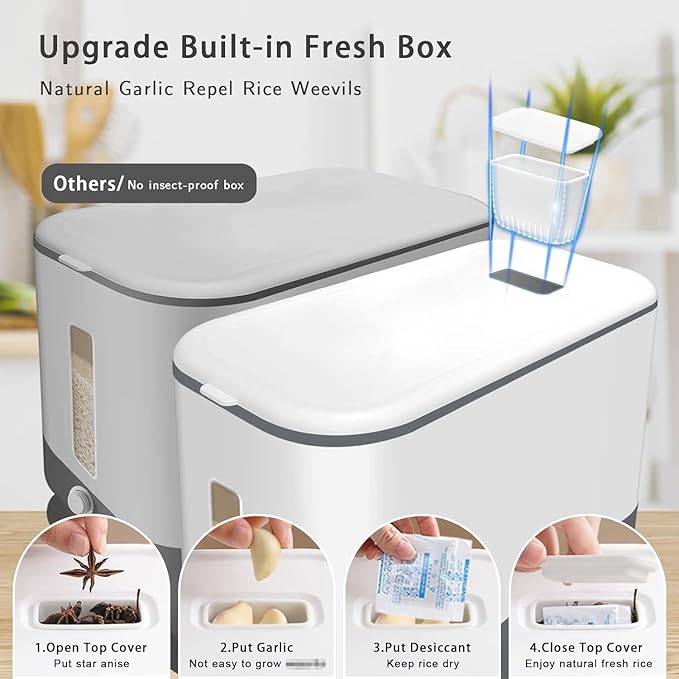 22-25 Lbs Rice Dispenser, Large Cereal Dry Food Storage Containers with Measuring Cup,BPA-Free Household for Kitchen Pantry Organization-Grey