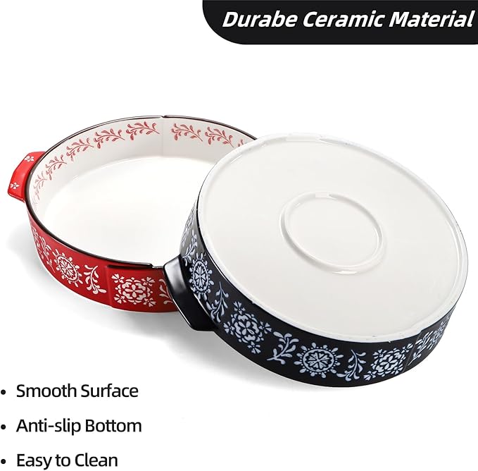 2 Pack Ceramic Baking Dish, 9 Inch Non-Stick Pie Pan with Double Handle, 44 Oz Deep and Fluted Pie Plate for Apple Pies, Quiche, Cake, Tart, Oven Microwave Dishwasher Safe, Red, Blue