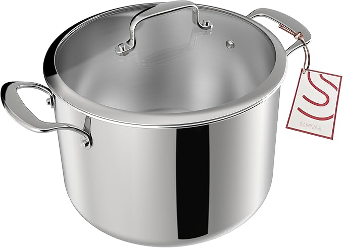 8 Quart Stainless Steel Stock Pot With Glass Lid, 5 Ply Stainless Clad Cookware, Induction Compatible, PTFE, PFAS and PFOA Free