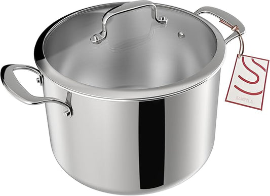 8 Quart Stainless Steel Stock Pot With Glass Lid, 5 Ply Stainless Clad Cookware, Induction Compatible, PTFE, PFAS and PFOA Free