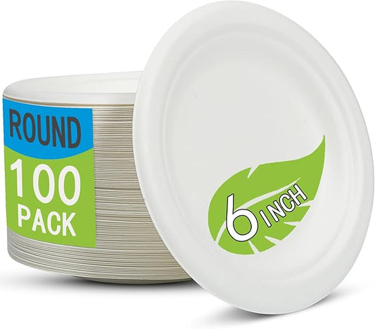 Disposable Small White Paper Plates 6 Inch - 100 Counts Heavy Duty Biodegradable Bagasse Plates, Compostable & Leak-Proof, Microwave Safe for Birthday Party Desserts, Appetizer, Snacks & Mini Cake