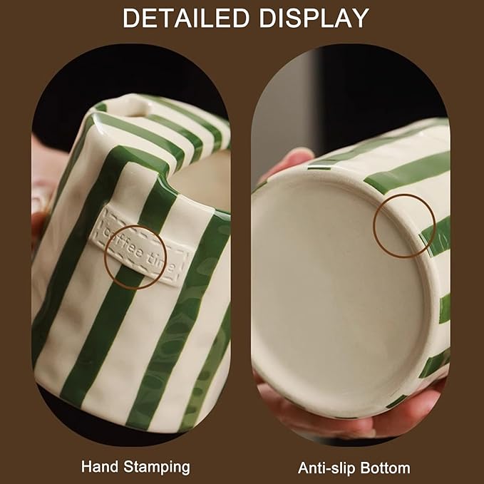 Shelprojsu 10oz Ceramic Coffee Mug,Retro Striped Coffee Cups,with Sip hole Espresso Ceramic Cup,novelty Hand-Painted Striped Travel Mugs-ideal Gift for Coffee Lovers(Black)