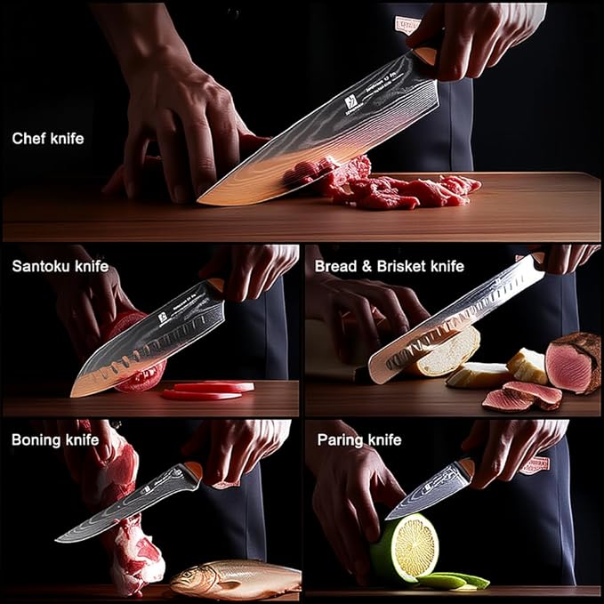 5-Piece Damascus Chef Knife Set: High Carbon Stainless Steel, Professional Ultra Sharp Kitchen Knife Set with Ergonomic Black Handle - Chef/Santoku/Paring/Bread/Brisket/Boning Knives in Gift Box