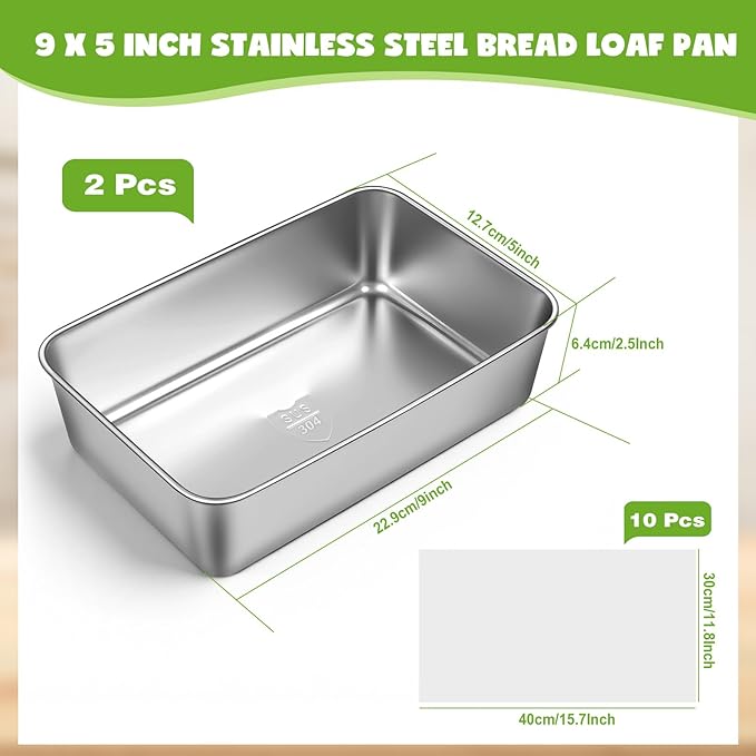2 Packs 9×5 Inch Loaf Pans for Baking Bread, 304 Stainless Steel Loaf Bread Pan with Parchment Paper Liners, Metal Bakeware for Bread, Meatloaf, Cake & Brownies, Easy Release, Oven & Dishwasher Safe