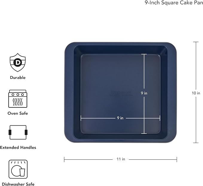 KitchenAid Nonstick Swiss Engineered Aluminized Steel Square Cake Pan, Dishwasher Safe, Ink Blue, 9 Inch
