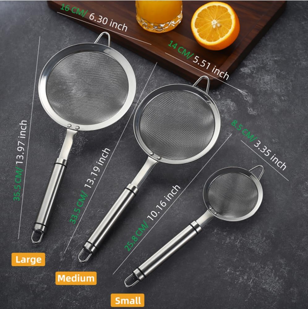 5.5inch 304 Stainless Steel Fine Mesh Strainer for Kitchen, Colander-Skimmer with Handle, Metal Sieves Sifters