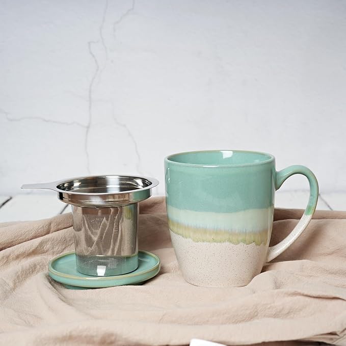 Bosmarlin Ceramic Tea Cup with Infuser and Lid, 16 Oz, 5 Colors to Choose, Dishwasher and Microwave Safe, Reactive Glaze, Steeping Tea Mug with Strainer (Mint Green)