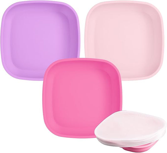 Re-Play Toddler Plates - 22 Oz. Deep-Walled Flat Kids Plates with 1 Lid - Dishwasher & Microwave Safe - Made in USA - Set of 3-7.37" x 7.37" x 1.25" - Princess