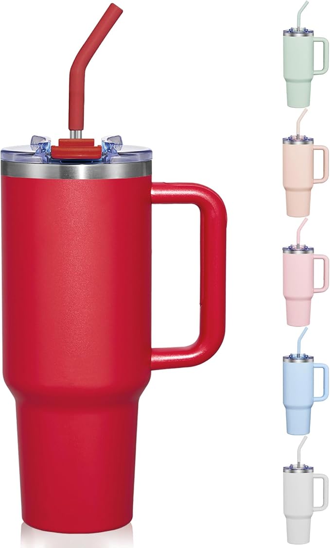 COKTIK 40 oz Tumbler With Handle and Straw, Insulated Tumbler With Leakproof Lids, Stainless Steel|BPA-Free, Cold for 24 H (Red)