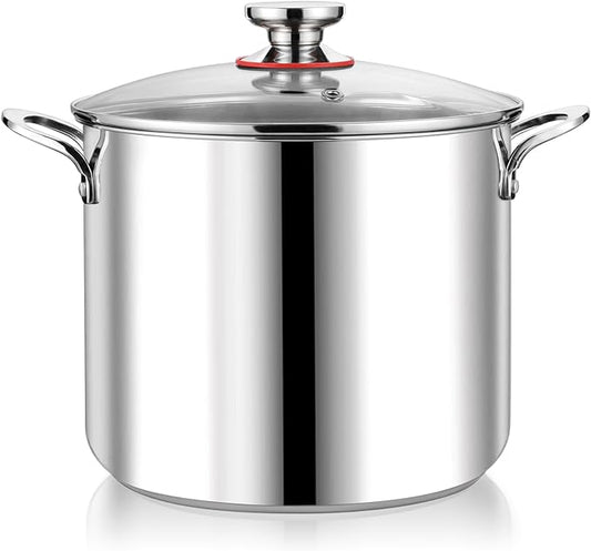 P&P CHEF 12 Quart Stainless Steel Stock Pot with Lid, Large Stockpot for Cooking Pasta Soup, Cookware for Induction Gas Electric Stoves, Visible Lid & Measuring Markings, Dishwasher Safe